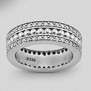 925 Sterling Silver Oxidized Ball Band Ring, Decorated with CZ's Size 9 NEW